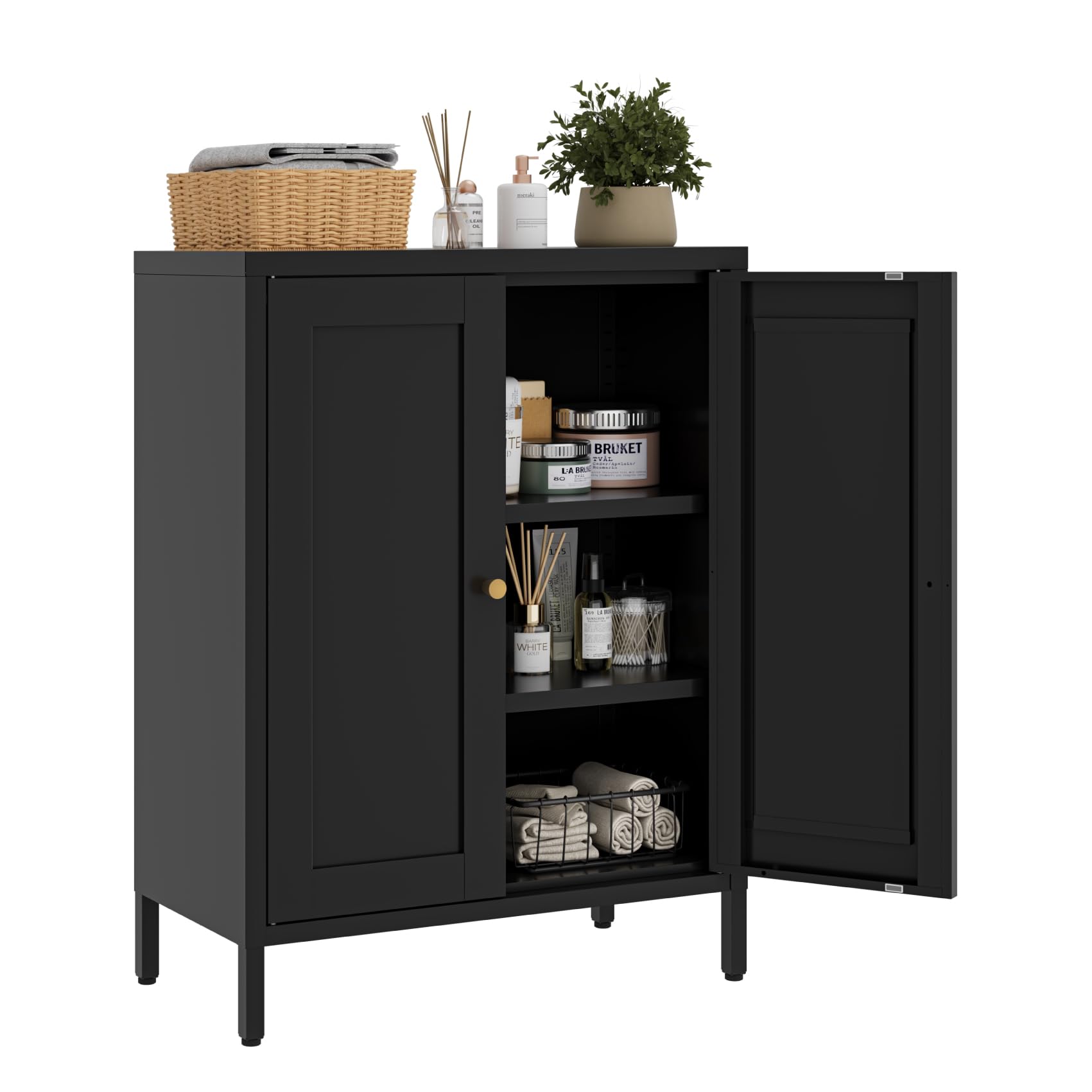 Small Metal Storage Cabinet,11.8" D x 23.6" Wx31.5 H,Bathroom Cabinet with Adjustable Shelves,Shaker Cabinet for Kitchen Living Room Entryway Dining Room, 3-Tier,Black