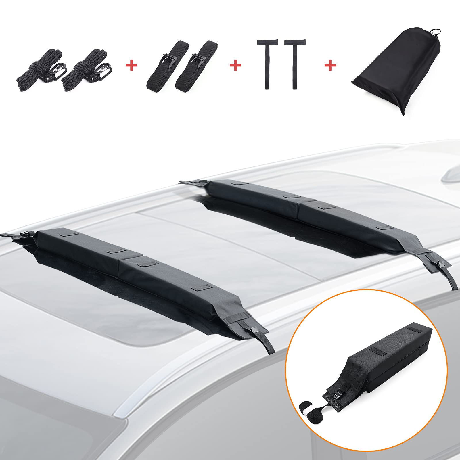 MNJ MOTOR Universal Lightweight Car Roof Rack Pad Surf Bars for Water Sports Kayak Surfboard SUP Canoe Paddleboard Snowboard with Tie-Down Straps, Hood Loop, PP Rope and Storage Bag