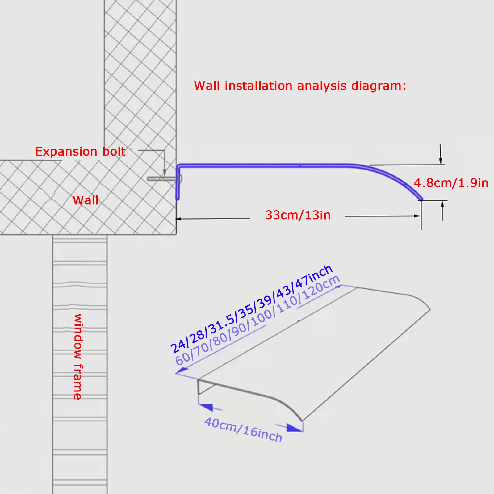 Pensilina Tettoia in Policarbonato Trasparente da 3.5 Mm, Copriporta Tendalino per Finestra, Protezione Uv Pioggia Neve (40x120cm/16"x47")