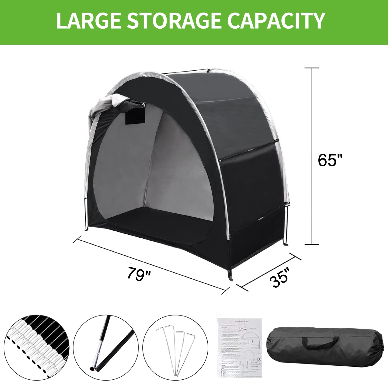 Silver Painted Bike Storage Tent Shed, 79'' Outdoor Portable Cover for Bike, Lawn Mower & Garden Tools Bike Shelter, Waterproof Multifunctional Storage Tent Black