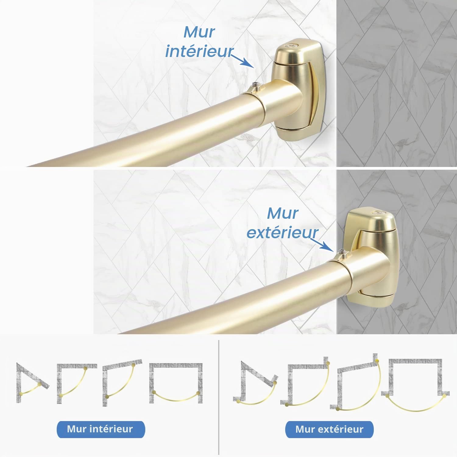 TOPROD Tringle à rideau de douche incurvée réglable de 122 à 183 cm pour salle de bain, barre de rideau de douche extensible en acier inoxydable, design télescopique personnalisé pour la baignoire,