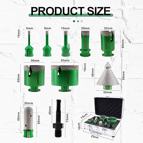Miniatura 9 de Kit de brocas de núcleo de diamante, 7 piezas de 6662025351.969 in+1 broca biselada de 2 pulgadas+1 broca de fresado de dedo de 34