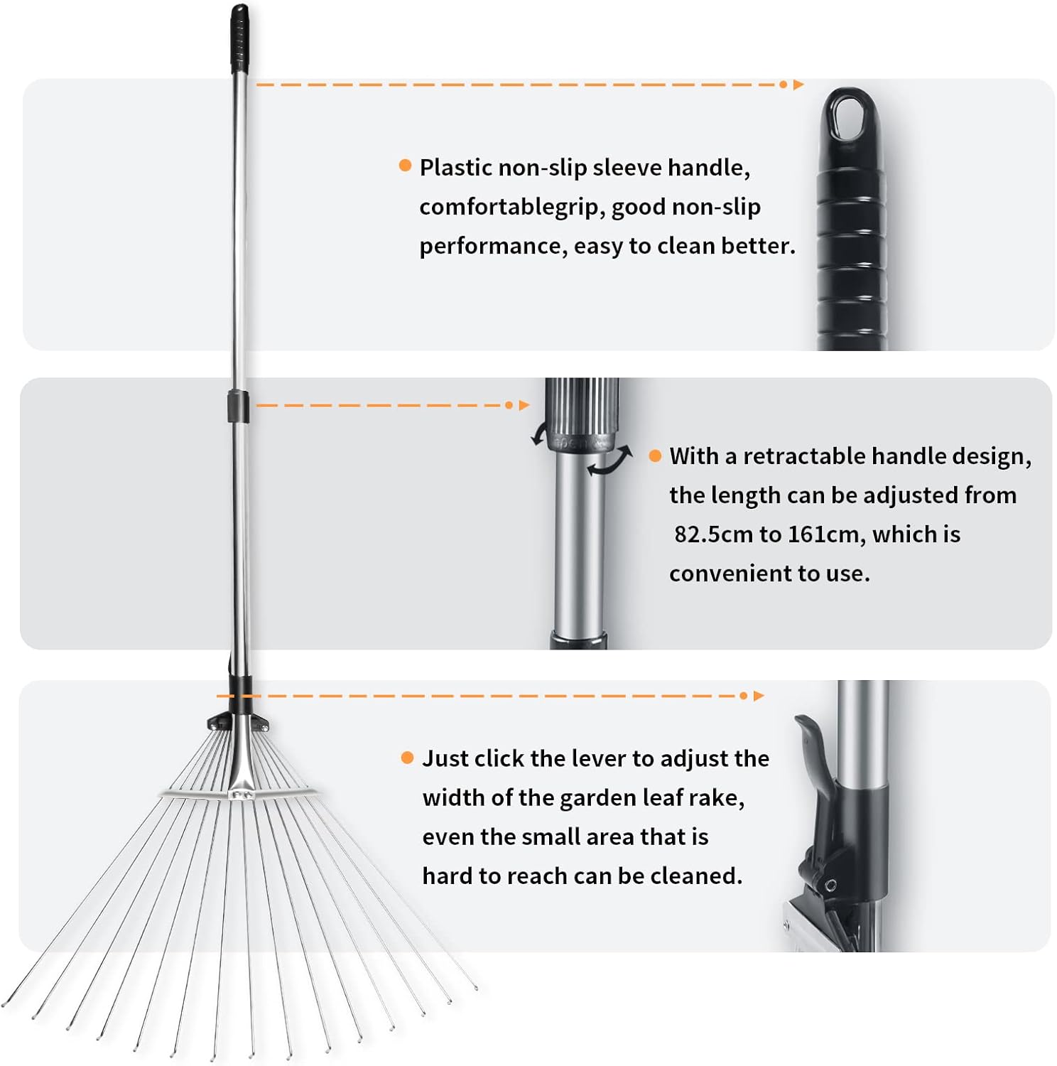 Kiaitre 160cm 15 Teeth Garden Rake Tools, Telescopic Metal Rake for ...