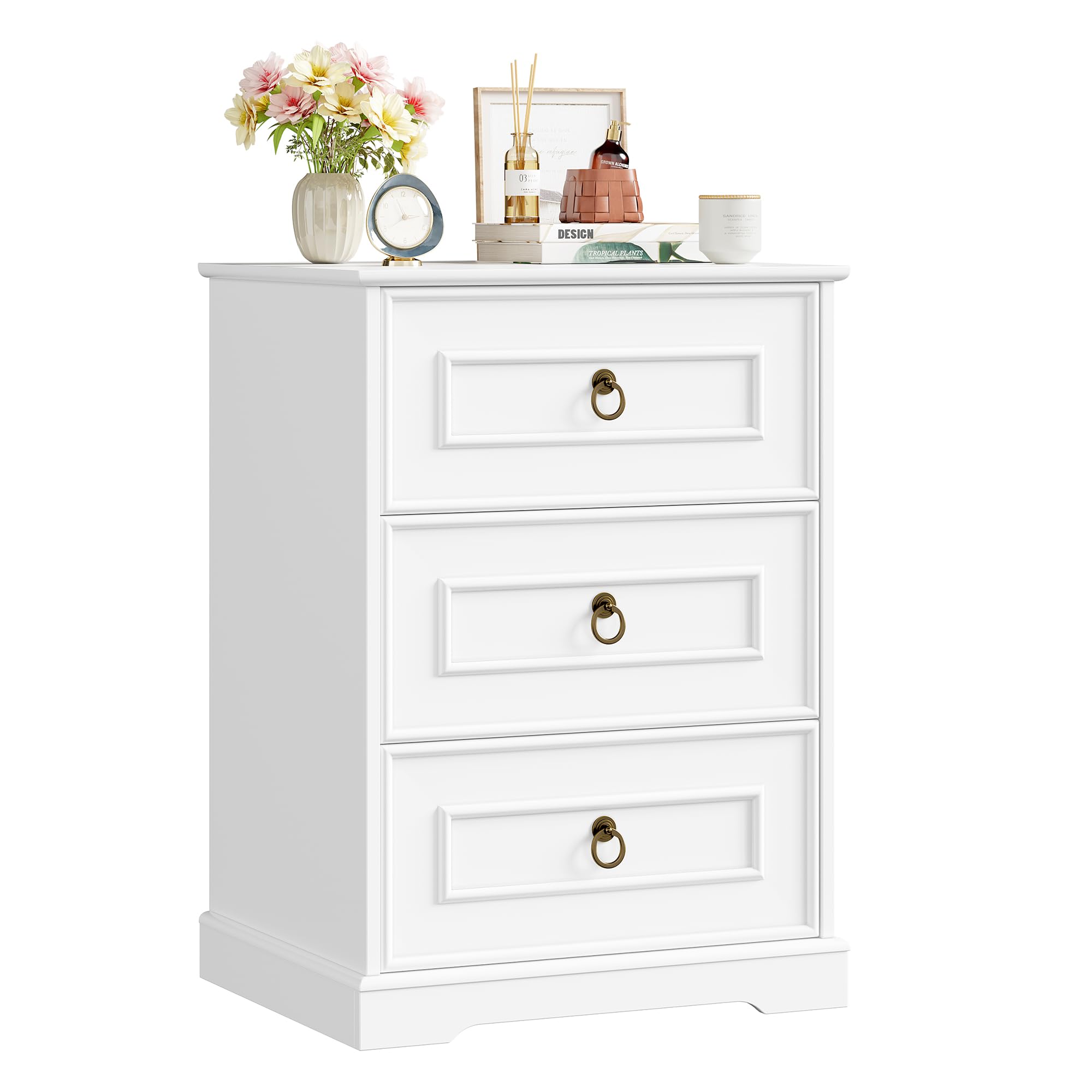 FOREHILL Comodino Camera da Letto con 3 Cassetti 45,5x38x64 cm Bianco | Tavolino da Notte a Maniglie ad anello dorate,Cassettiera Moderno Organizzatore da Letto,Tavolino Cameretta Divano Salotto
