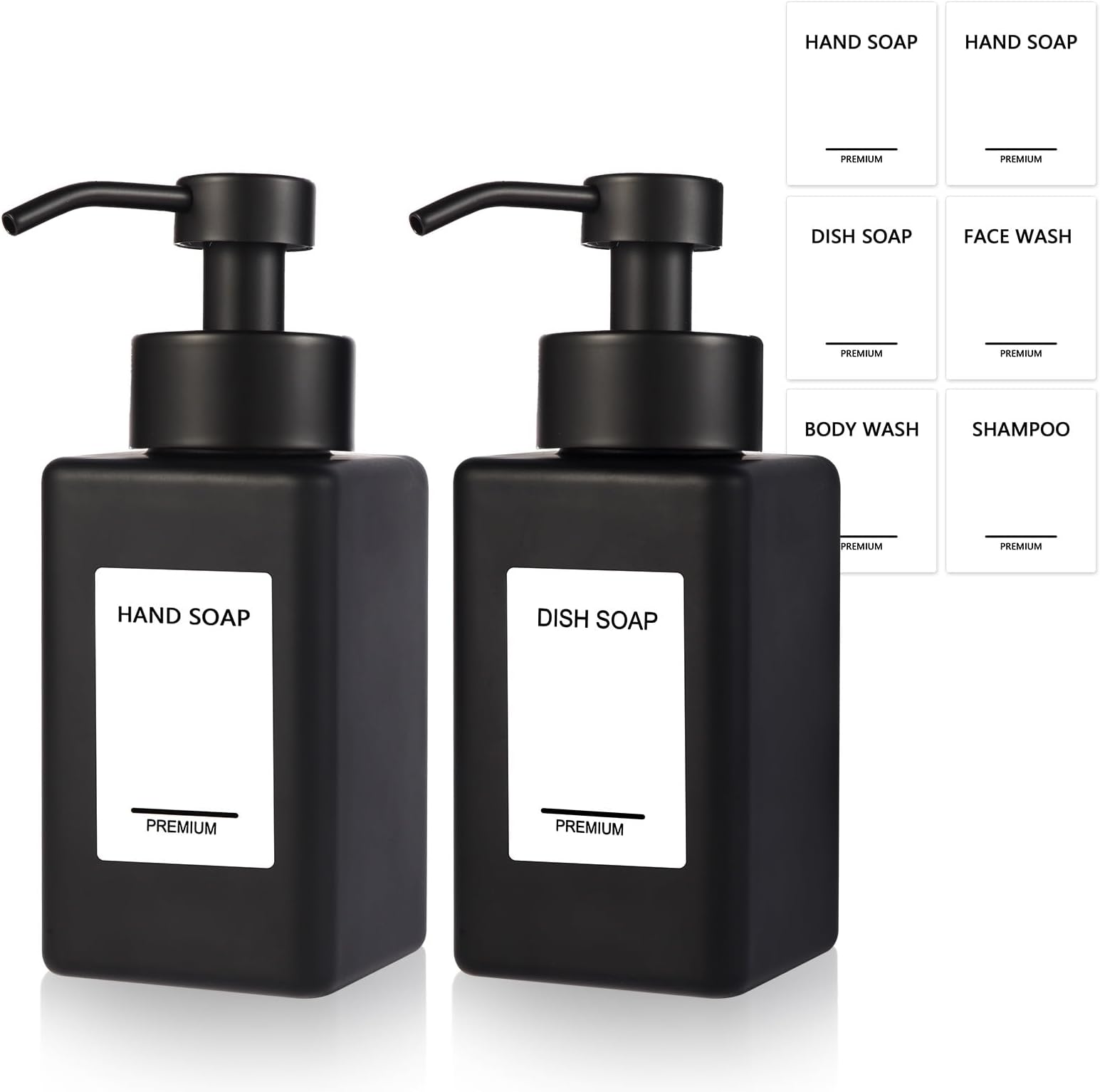 Black Foaming Hand Soap Dispenser 2 Pack,12oz/350ml Glass Foaming Soap Dispenser Set with Stainless Steel Pump, Square Refillable Foam Pump Bottles for Bathroom&Kitchen,Includes 6 Labels
