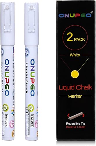ONUPGO Rotuladores de tiza líquida blanca, paquete de 2 rotuladores de tiza para pizarra, ventanas, pizarra, vidrio, seguros para niños, no tóxicos,
