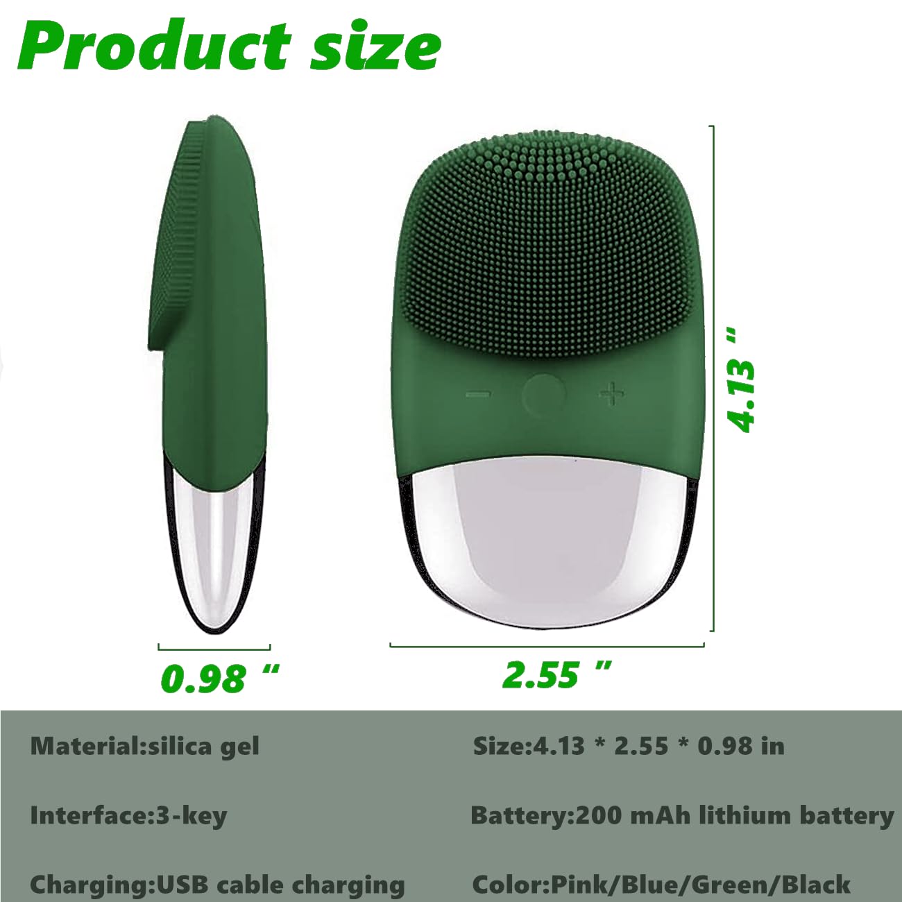 MEGAN Facial Cleansing Brush,USB Rechargeble Electric Silicone Face Scrubber,IPX7 Waterproof Sonic Facial Massager, 3 in 1 face Brush for Deep Cleanning, Blackhead Remover, Exfoliating. (Green)
