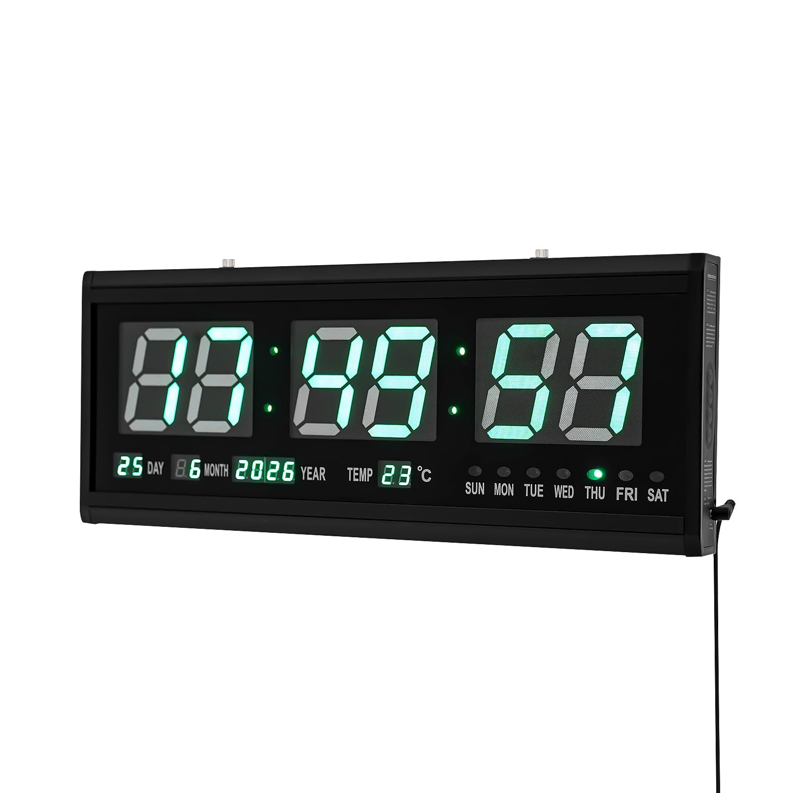 Zegar ścienny LED, 48 cm, z temperaturą, datą i dniem tygodnia, cyfrowy zegar bezgłośny (48 x 19 cm), zielone świecące cyfry, automatyczne ściemnianie, aluminium i szkło – do salonu, kuchni