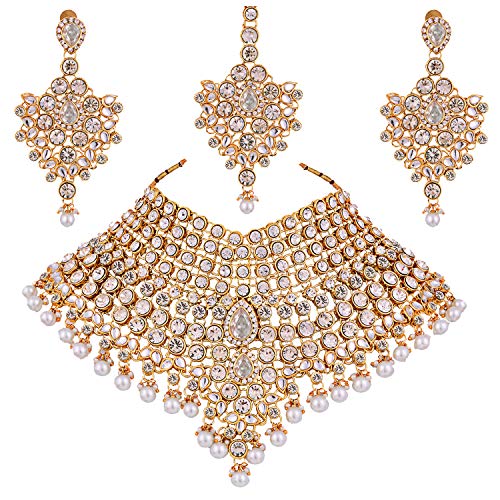 Lucky Jewellery White Semi Bridal Dulhan Dulhan Wedding & Engagement Necklace Set with Mang Tikka (1815-L1SS-KD124-W)