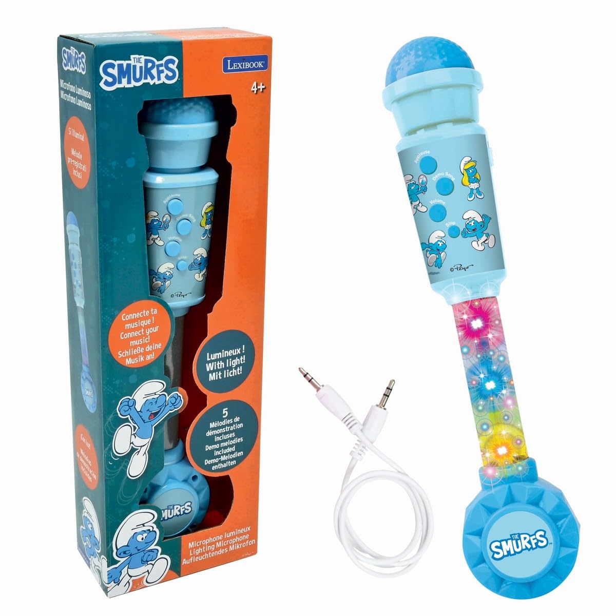 LEXIBOOK, The Smurfs, Luminous Microphone for children, Musical Toy, Built-in speaker, Light effects, Aux-in socket, Blue, MIC90SF