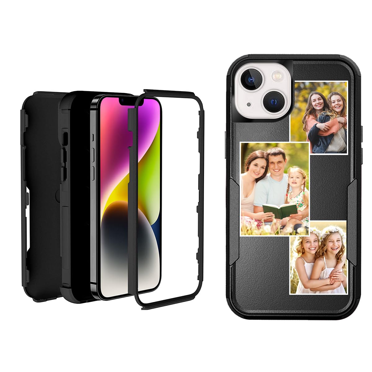 KakaTify Custom Phone Case for iPhone 14 Shockproof Full Body Protection Multi-Photo Text Collage 3-Layer Phone Case Customized Protective Phone Cover