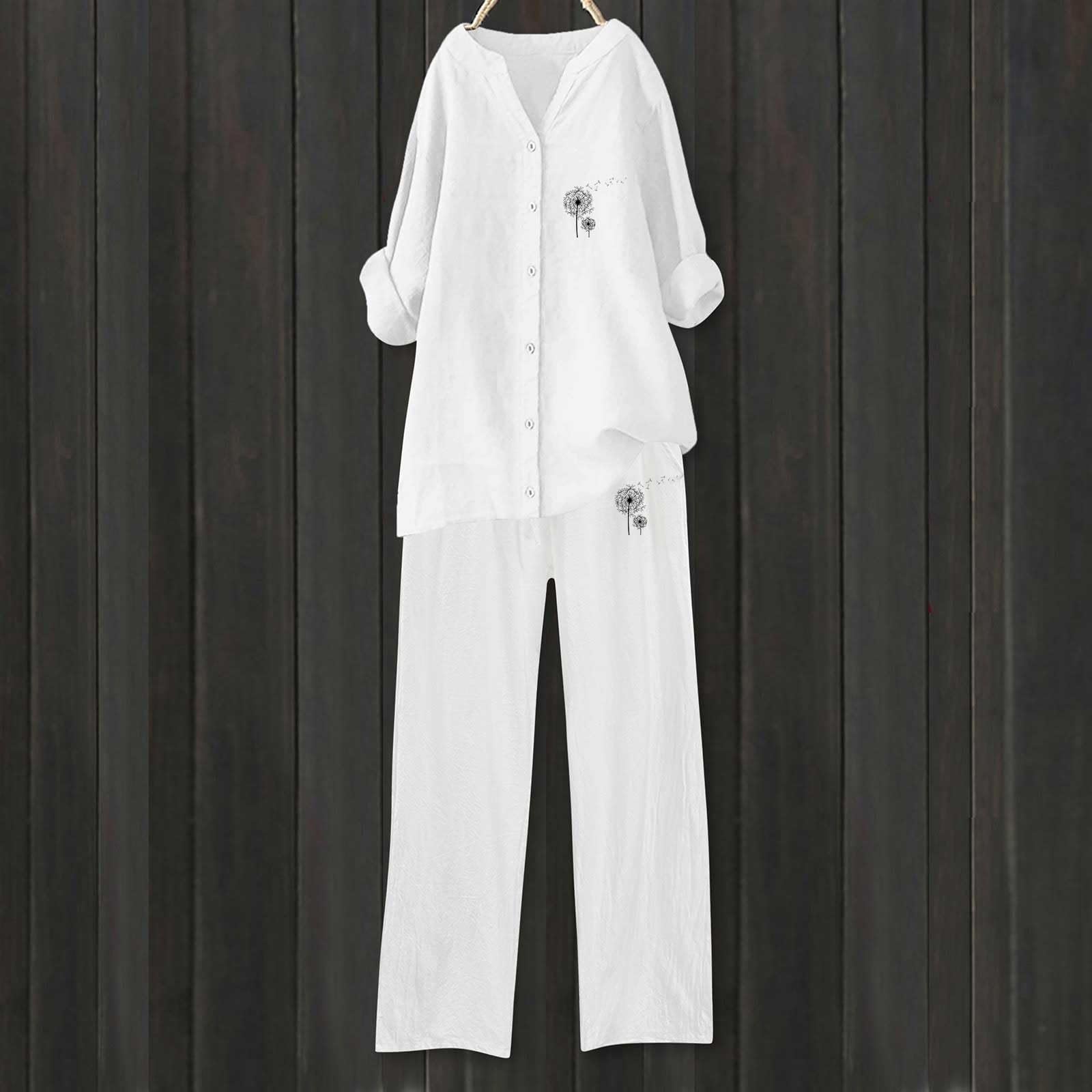 Ensemble Femme Pantalon Large Et Haut Tunique Longue Linen Sets Chic Elegant Chemise Vetement Grande Taille Homewear Tshirt Lin Ete Fluide Blanc Tenue D'intérieur Pull En Femmes