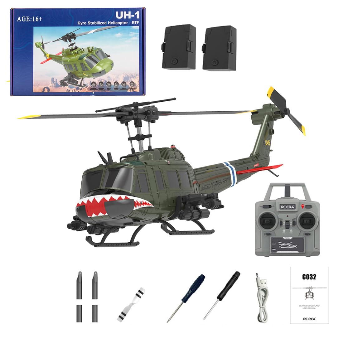 Wodoochey C032 UH-1 Huey RC Helicopter for Adults - 1/48 Scale 2.4G 6CH Flybarless Remote Control Helicopter Model, 3D Stunt Flight & High-Precision