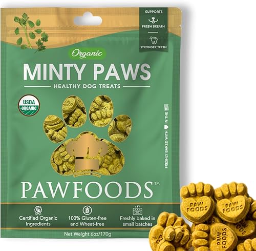 PawFoods Golosinas  Minty Paws  Refresca el aliento de los perros y dientes más fuertes, golosinas orgánicas saludables para perros, solo 5 calorías