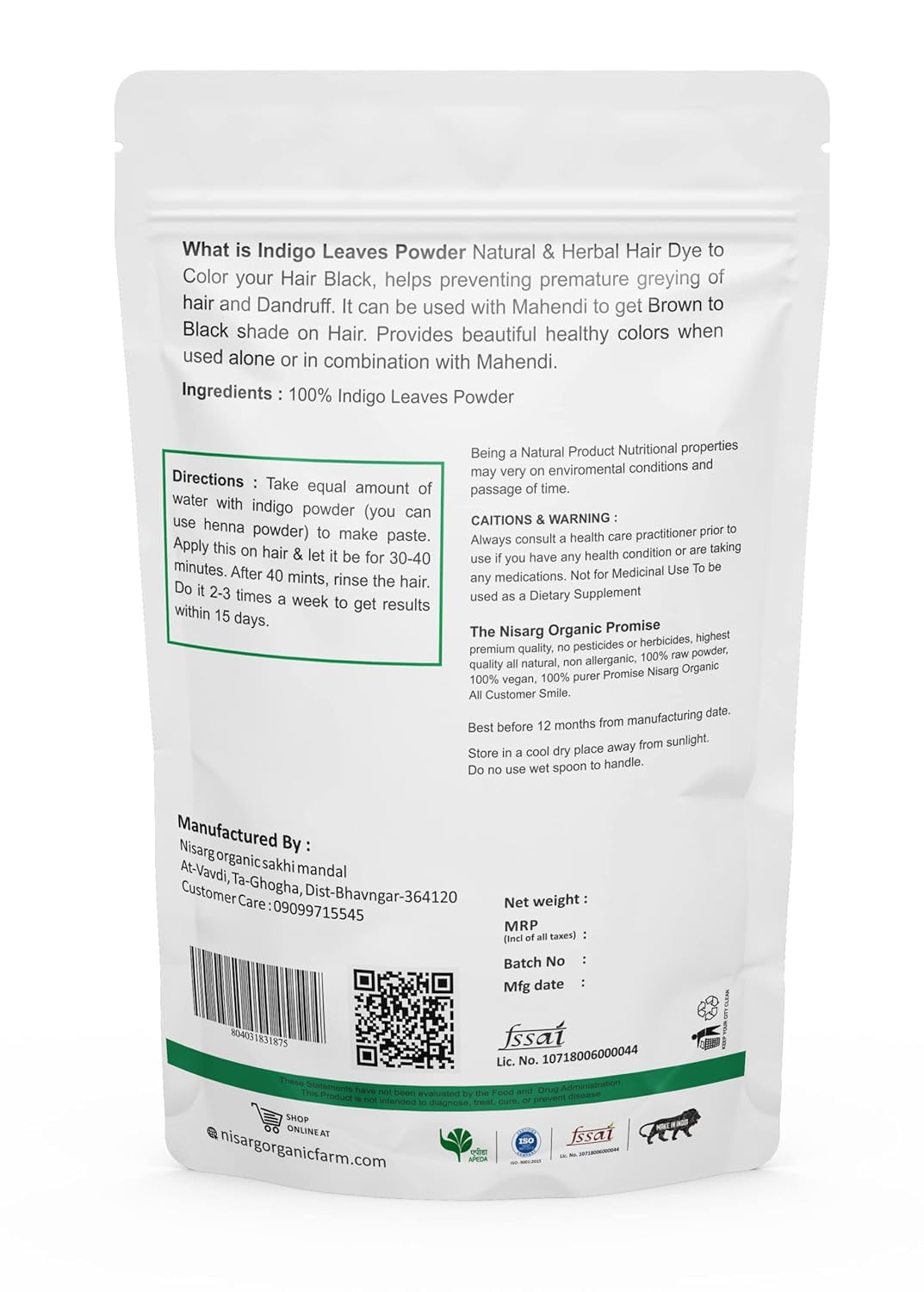Indigo Leaf Powder, Pure and Natural, No preservatives,for Natural Hair Colorant Black, Brown Hair & Beard Dye/Color I for Men & Women - 100 gm