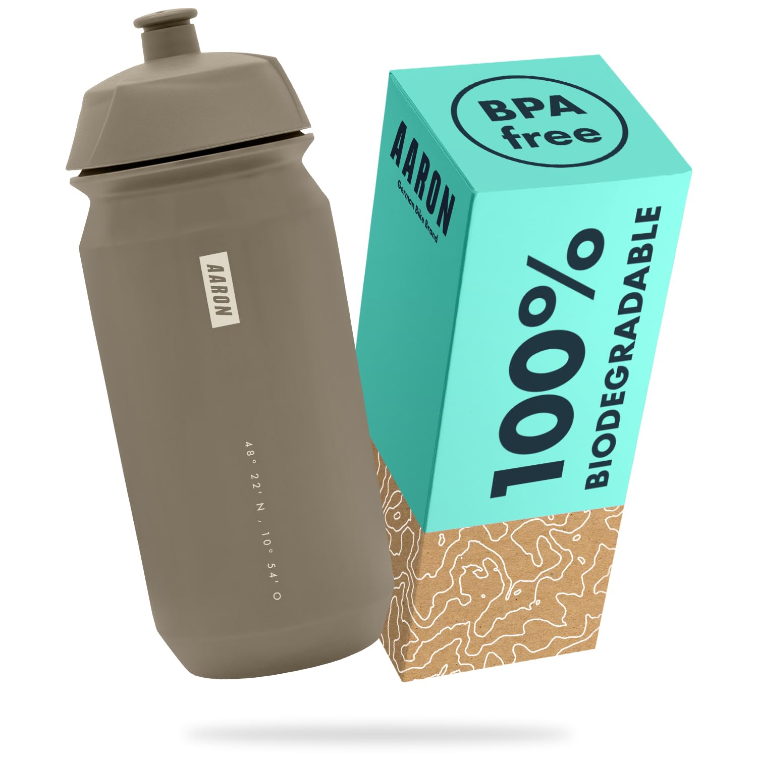 AARON ECO Water Bottle, 100% Biodegradable, 500 ml, Lightweight and Leak-Proof, Practical BPA-Free Water Bottle for Sports, Fitness, Hiking, Outdoor in Beige
