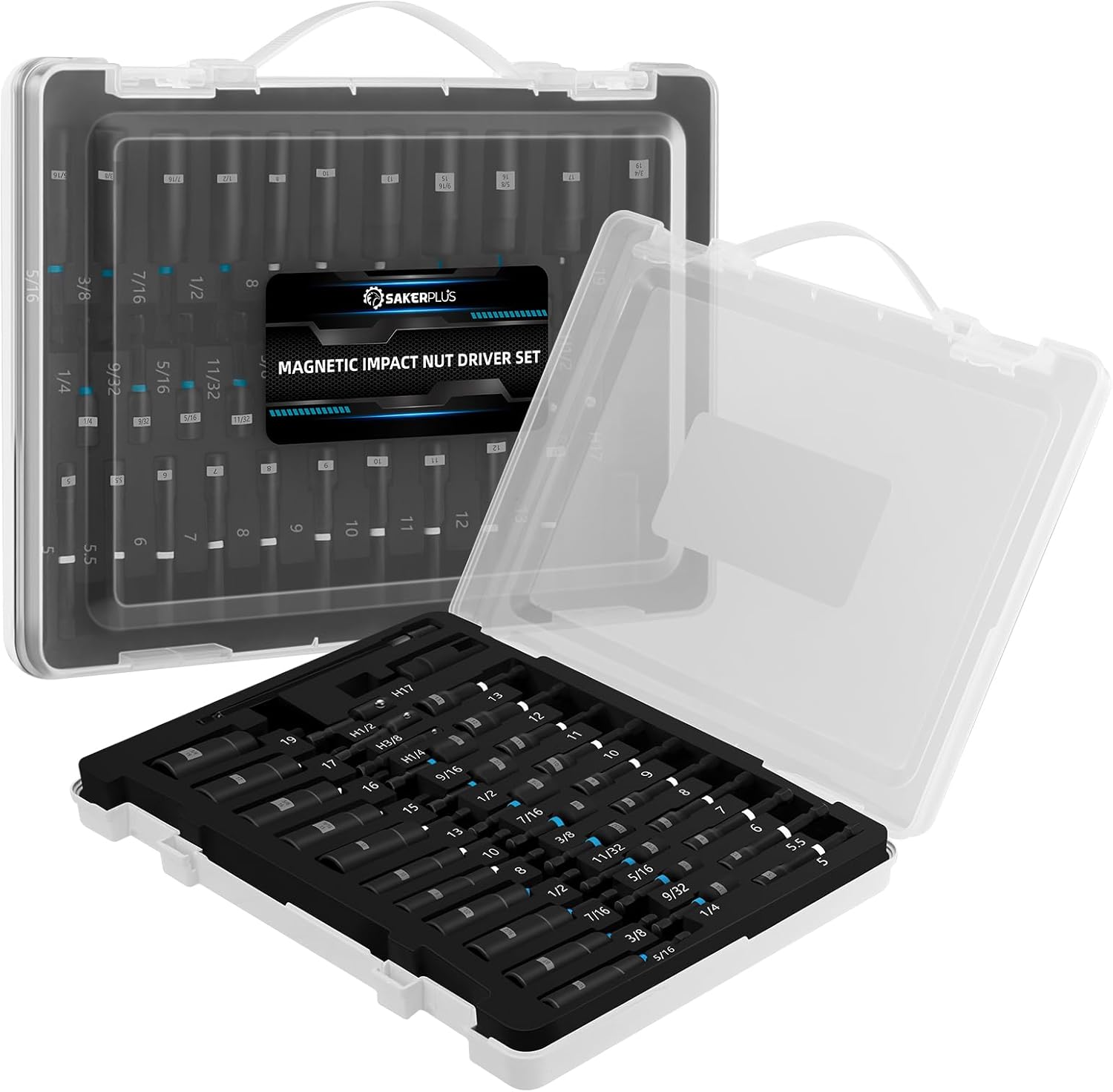 Magnetic Impact Nut Driver Set, 34PCS Socket Set with Deep Driver Bit, Metric/SAE Sockets, 1/4'' Quick Change, Wing Nut Driver, Bit Extension Included, Nut Driver Set for Impact Drill