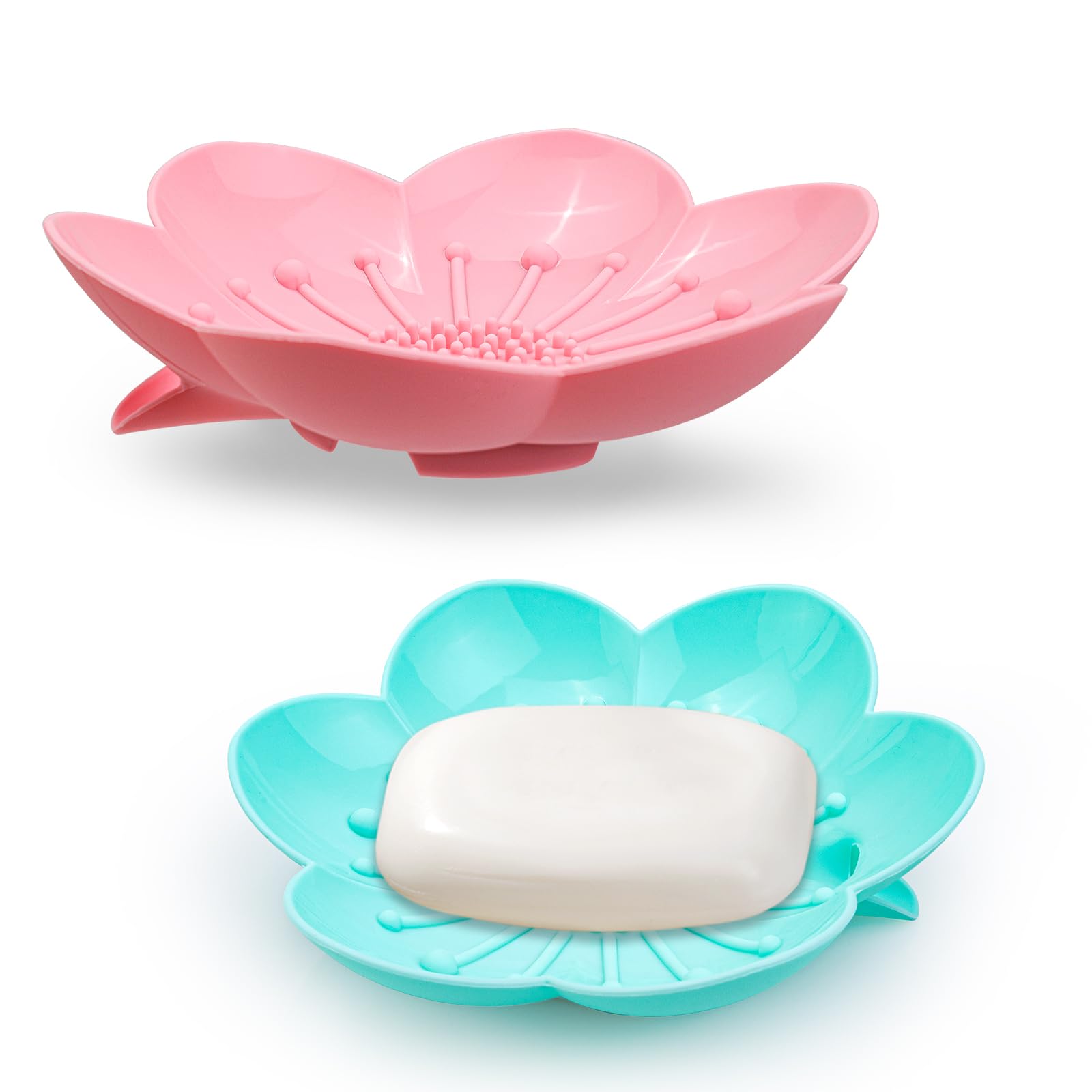 Soap Dishes 2 Pack Self Draining XL Flexible Bar Holder for Shower Silicone Flower Soap Saver Tray for
