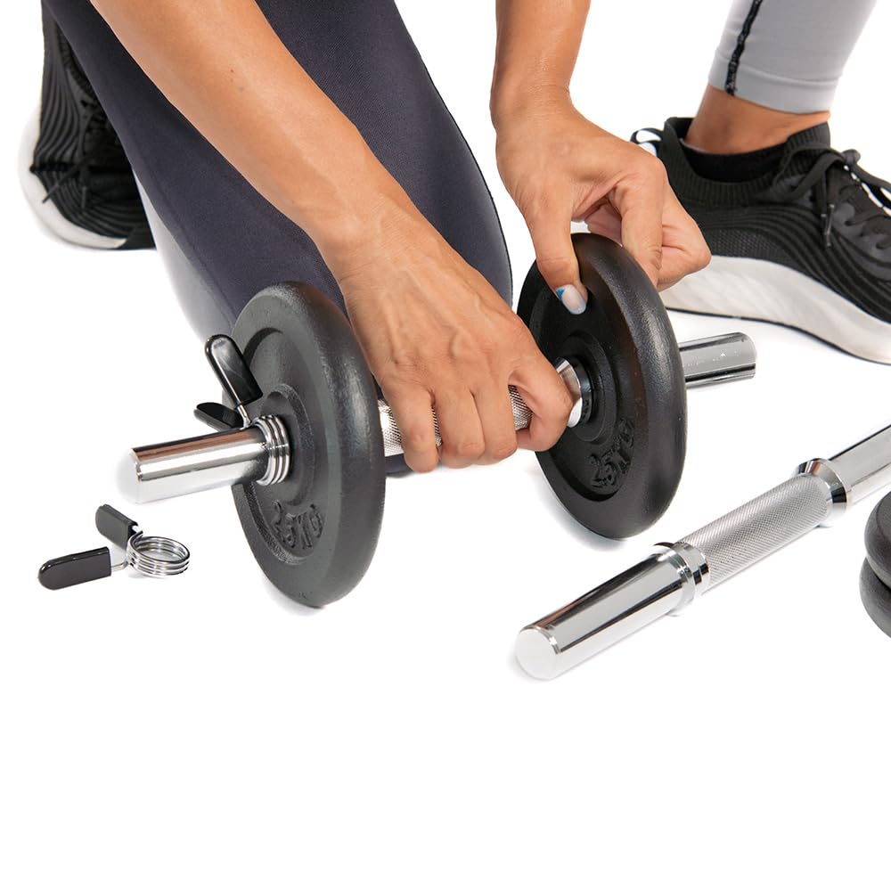 EVERGY Set Mancuernas Ajustables para Gimnasio en Casa 20 kg – 2 mancuernas con discos intercambiables (2 a 10 kg c/u), barras acero 35 cm, mango 28 mm, 4 cierres
