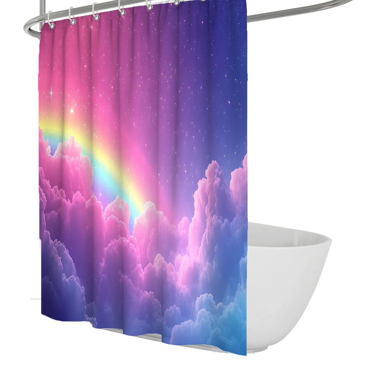 OLLIAR Home Rainbow Shower Curtain 90x180 Girls Pastel Colorful Sky Clouds Aesthetic Bathroom Curtain Set Washable Fabric Bathroom Accessories Decor with Hooks
