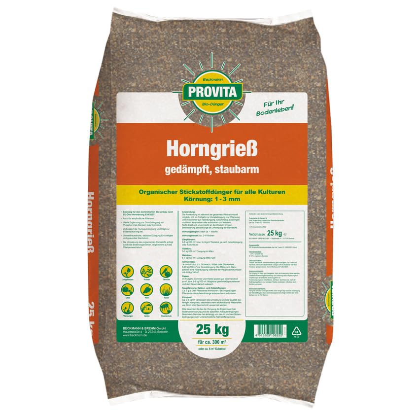 Beckmann Provita Horngries 1-3 mm Körnung 25 kg für ca 300 m² organischer Stickstoffdünger für alle Kulturen Universaldünger ökologisch