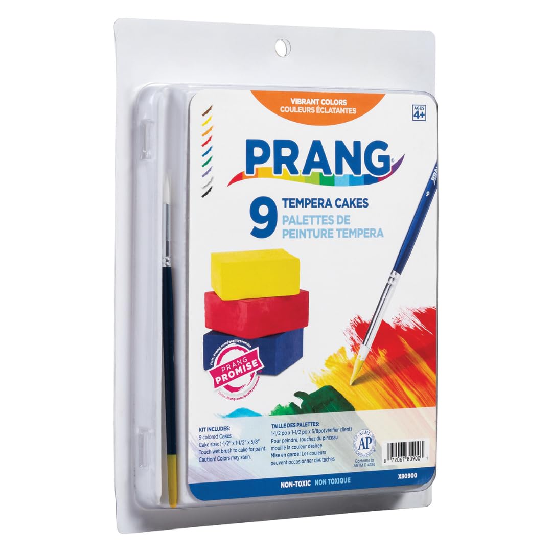 PRANG Gallery Classic Tempera Paint Cakes Lot de 12 pots de 9 couleurs avec poêle divisée et pinceau