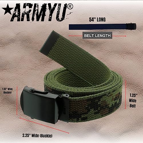 ARMYU Military Web Belt Reversible Cotton Canvas Army Camo & Solid Belts with Black Buckle 54"3