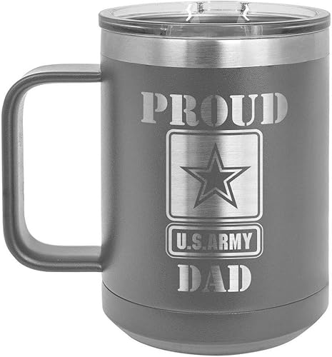 PROUD ARMY DAD Taza de café gris de 15 oz con tapa deslizante  Taza de café de viaje aislada  Ideas de regalos del día del padre de hijo o hija