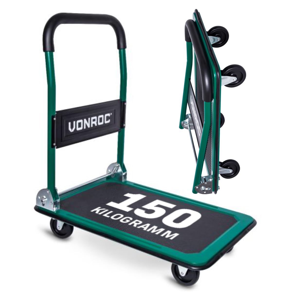 VONROC Chariot Plateforme Pliable 150 kg – Plateau Antidérapant 47 x 73 cm – 2 Roues Pivotantes 360° – Poignées Softgrip – Chariot de Transport pour Atelier, Déménagement et Usage Professionnel
