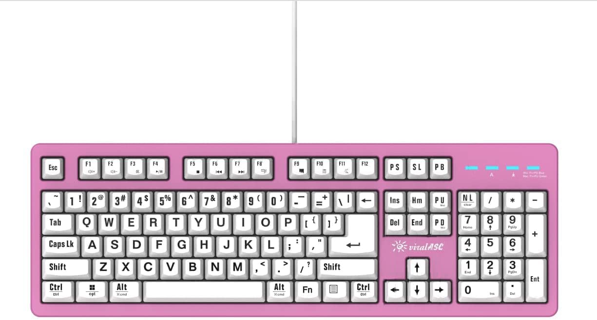 104-Key Large Print Keyboard for Windows and Mac with USB Wired Connection, Spill-Resistant, and Dual Compatibility (Pink)
