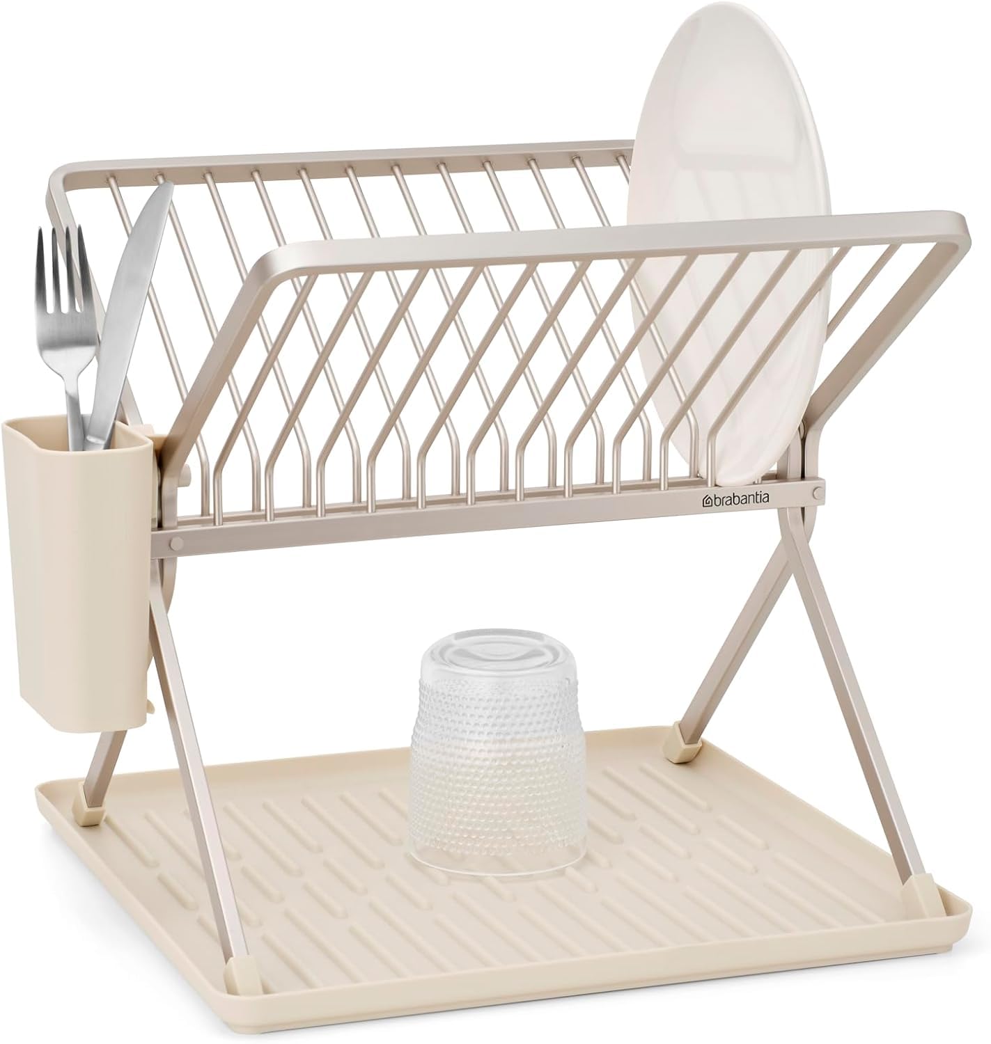 Brabantia SinkSide Escurridor para fregadero plegable (Soft Beige), escurridor de platos para fregadero con escurridor de cubiertos extraíble, versátil para la vajilla