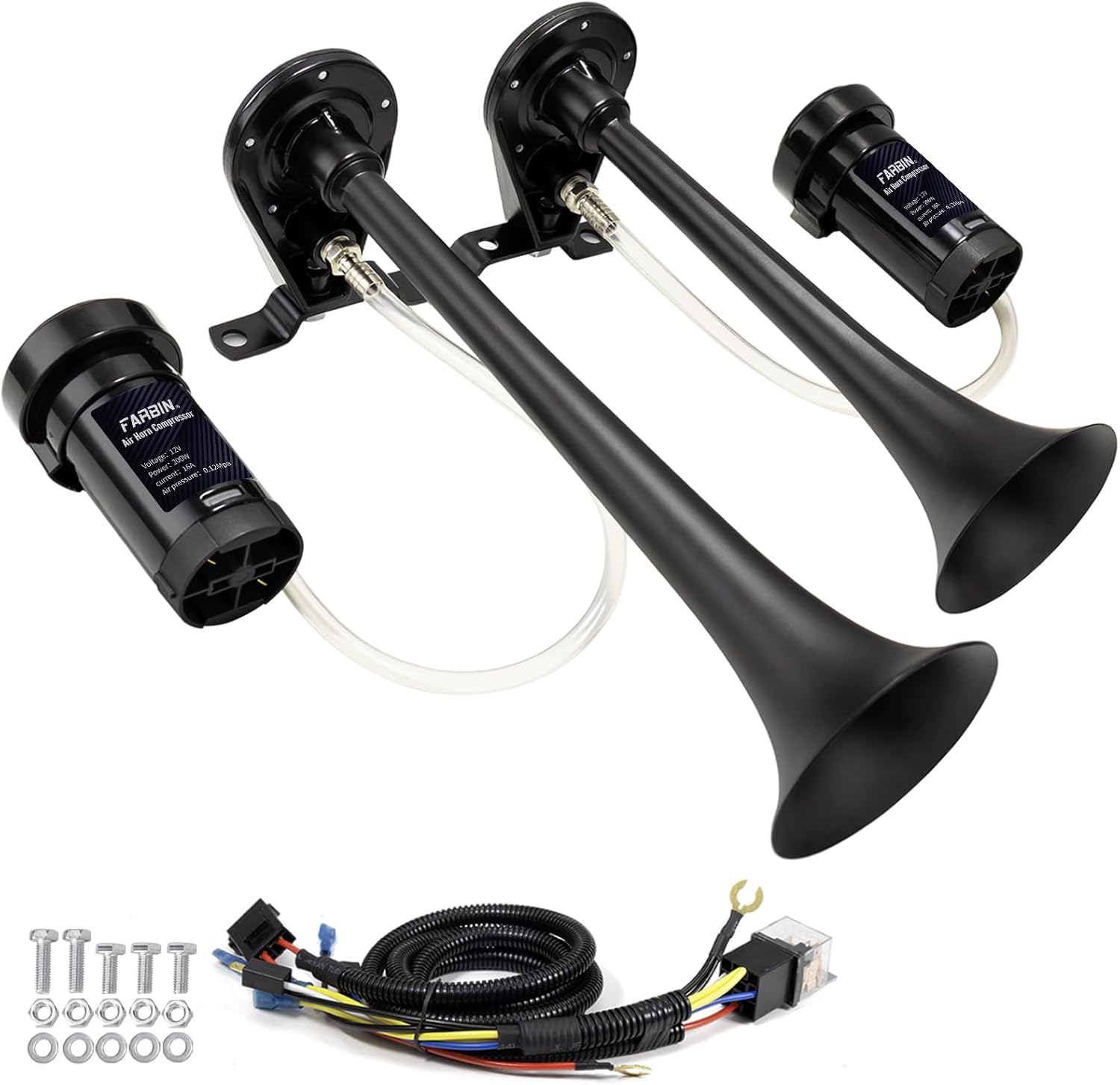 FARBIN Dual Trumpet Air Horn, Train Horn for Truck with 2 Air Compressors 12V 178dB, for Any 12V Pickups SUV Lorrys Trucks Boats (Black) Black Trumpet