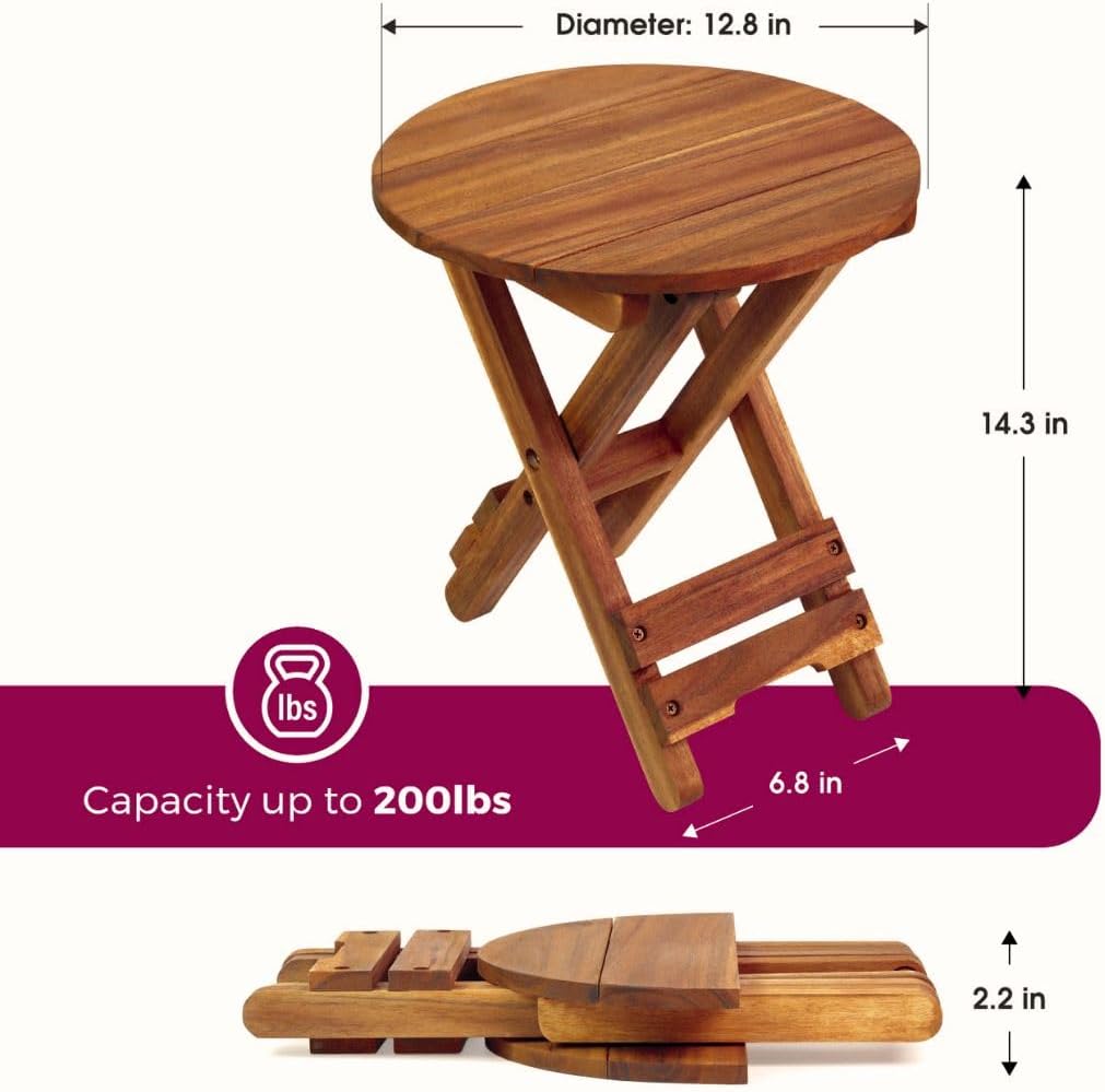 Small Patio Table, Outdoor Folding Side Table, Portable Side Table, Small Side Table, Accent Table, Small Coffee End Table, Wood Table Top for Living Room, Bedroom... (Round - Acacia - Set 2)