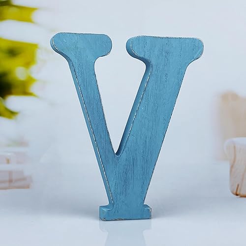 WOODOUNAI Letras de madera azul rústica de 6 pulgadas, letras de madera sin terminar para decoración de pared, letras azules retro de pie,