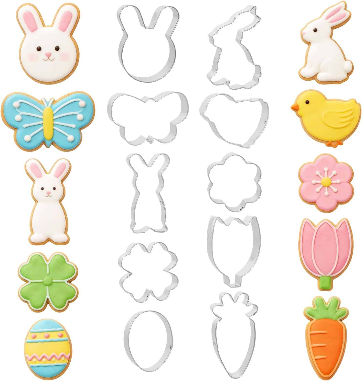 10Pcs Easter Cookie Cutter Bunny Egg Chick Carrot Rabbit Bunny Face Leaf Flower Butterfly Shamrock Shapes Biscuit Cutters Stainless Steel Fondant Cutter Molds for Spring Birthday Holiday Baking