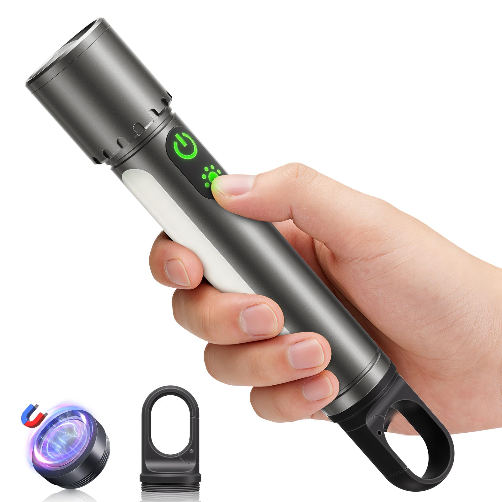 ET Rechargeable Torch LED Super Bright 1000000LM, Magnetic Lightweight Waterproof Flashlight with 18 Modes&COB, Zoomable &Tail Hook for Camping, Hiking, Emergency, Dog Walking（Silver Gray）