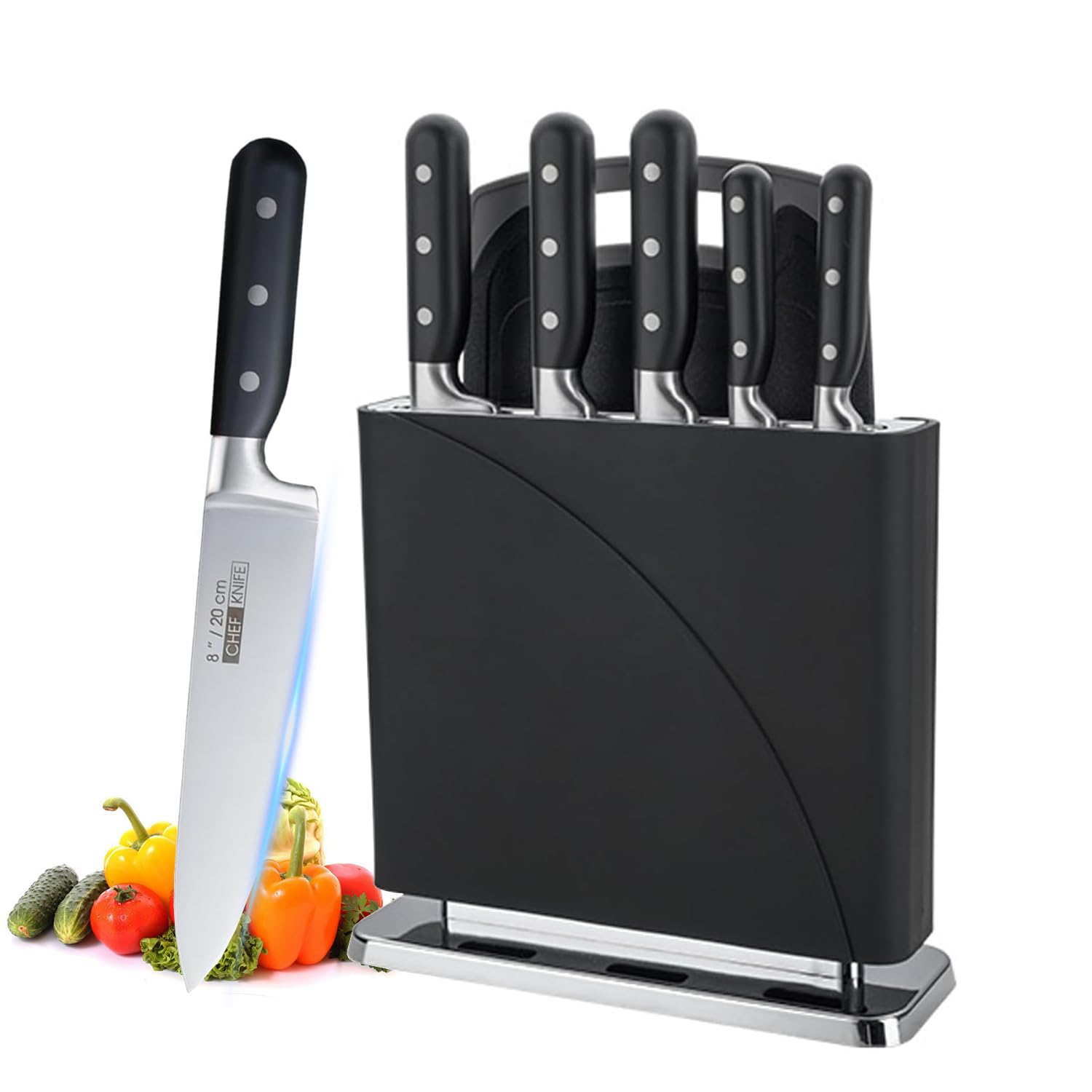 Kitchen Knives Set with Block Cutting Board 7 Pieces Super Sharp Stainless Steel Knife Set with Ergonomic Handles