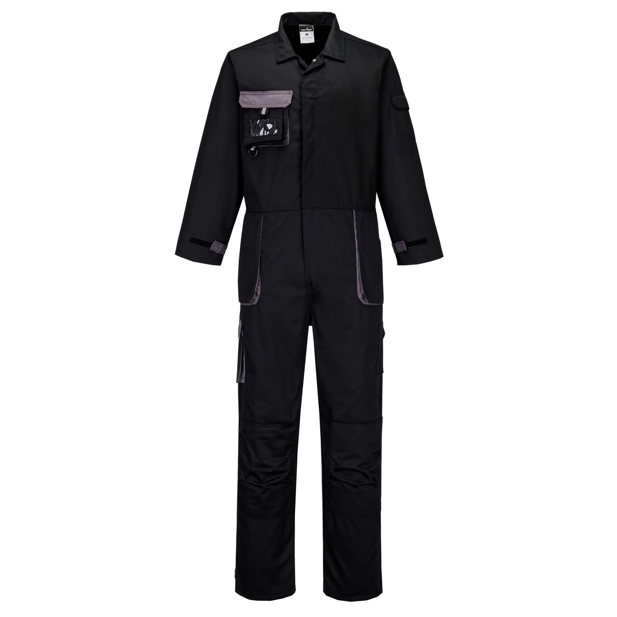 Portwest TX15 Men's Texo Contrast Coveralls Durable Cotton Protective Work Overalls Workwear Knee Pad Pockets Two-Way Zip Elastic Waist Boiler Suit for Mechanics Warehouse Garages DIY, Black, XXL