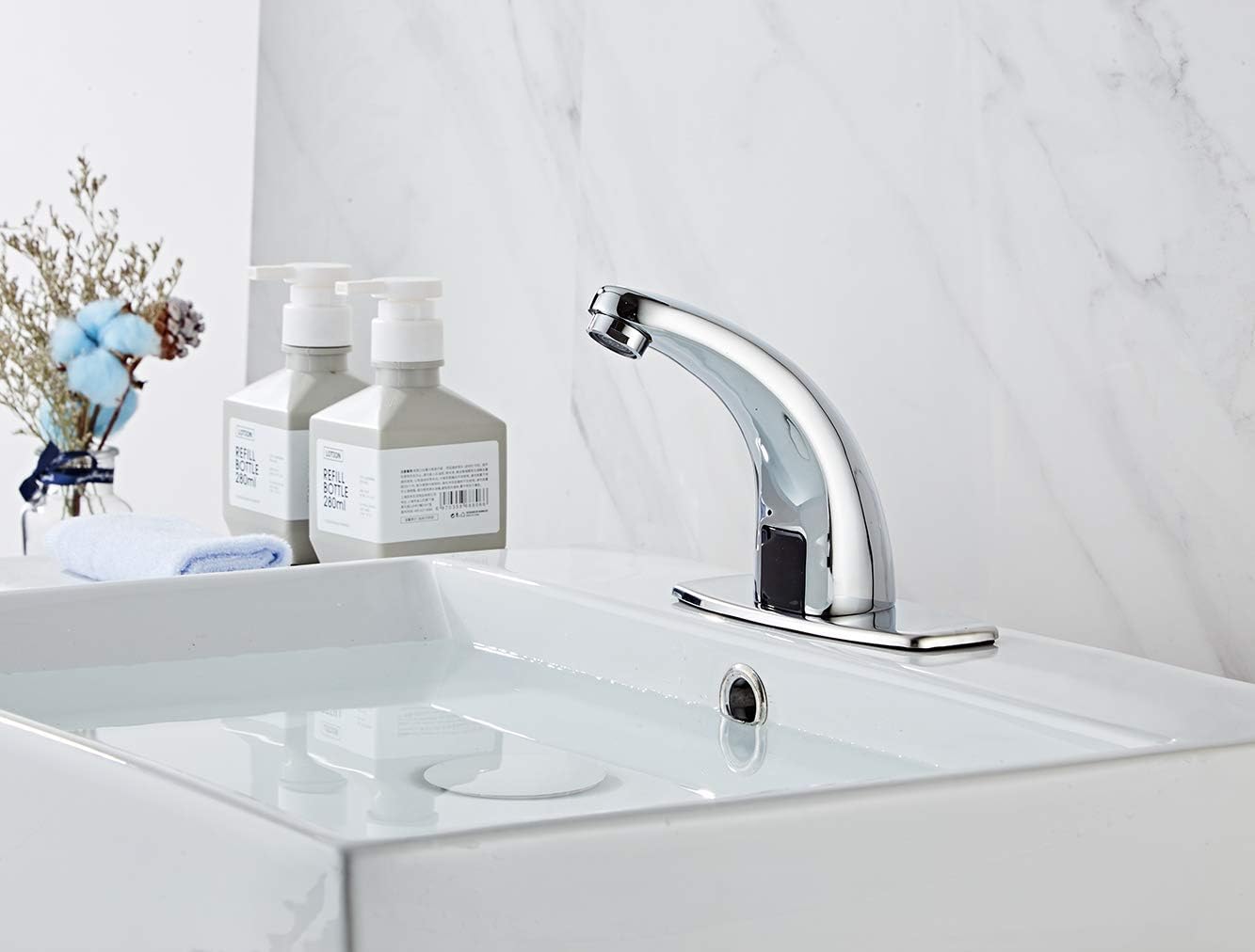 Touchless Automatic Sensor Bathroom Faucet Chrome with Pop Up Drain Overflow Dual-Powered Chrome Vanity Faucets Hands Free Bathroom Water Tap with Control Box and Temperature Mixer Drain Stopper