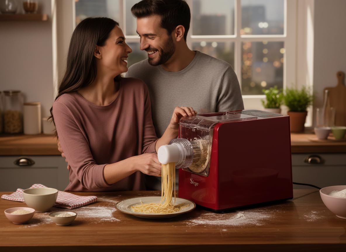 Urządzenie do wyrobu makaronu - Idealne ciasto, Łatwe czyszczenie, Maszyna do świeżego makaronu PASTAMAGIC – 22 matryce, 300 W, silnik o mocy do 300 W i pojemność do 900 g. Łatwa w użyciu,.