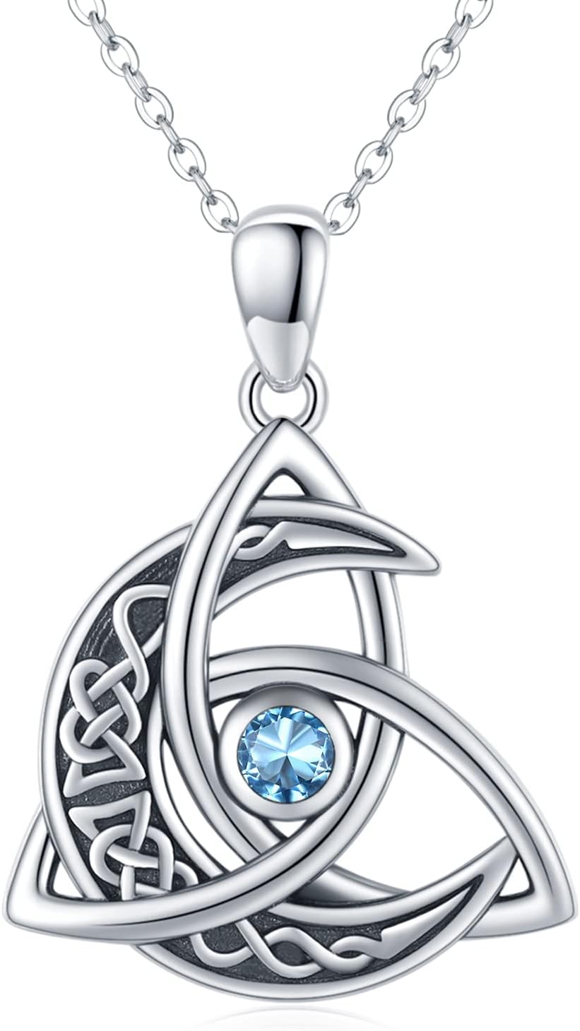Celtic Moon Necklace 925 Sterling Silver Celtic Knot Trinity Pendant Necklace Birthstone Necklace Irish Jewelry Gifts for Women Girls Daughter Mother Birthday Christmas
