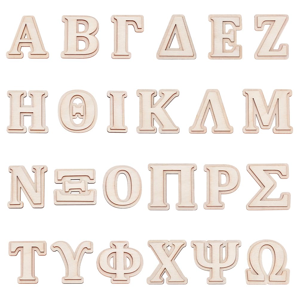 FINGERINSPIRE 24Pcs Double Layer Wooden Greek Letters 49.5mm Unfinished Wood Greek Alphabets Letters Unfinished Alphabet Wood Pieces for Crafts Paddle DIY Painting Arts Project Home Wall Decor