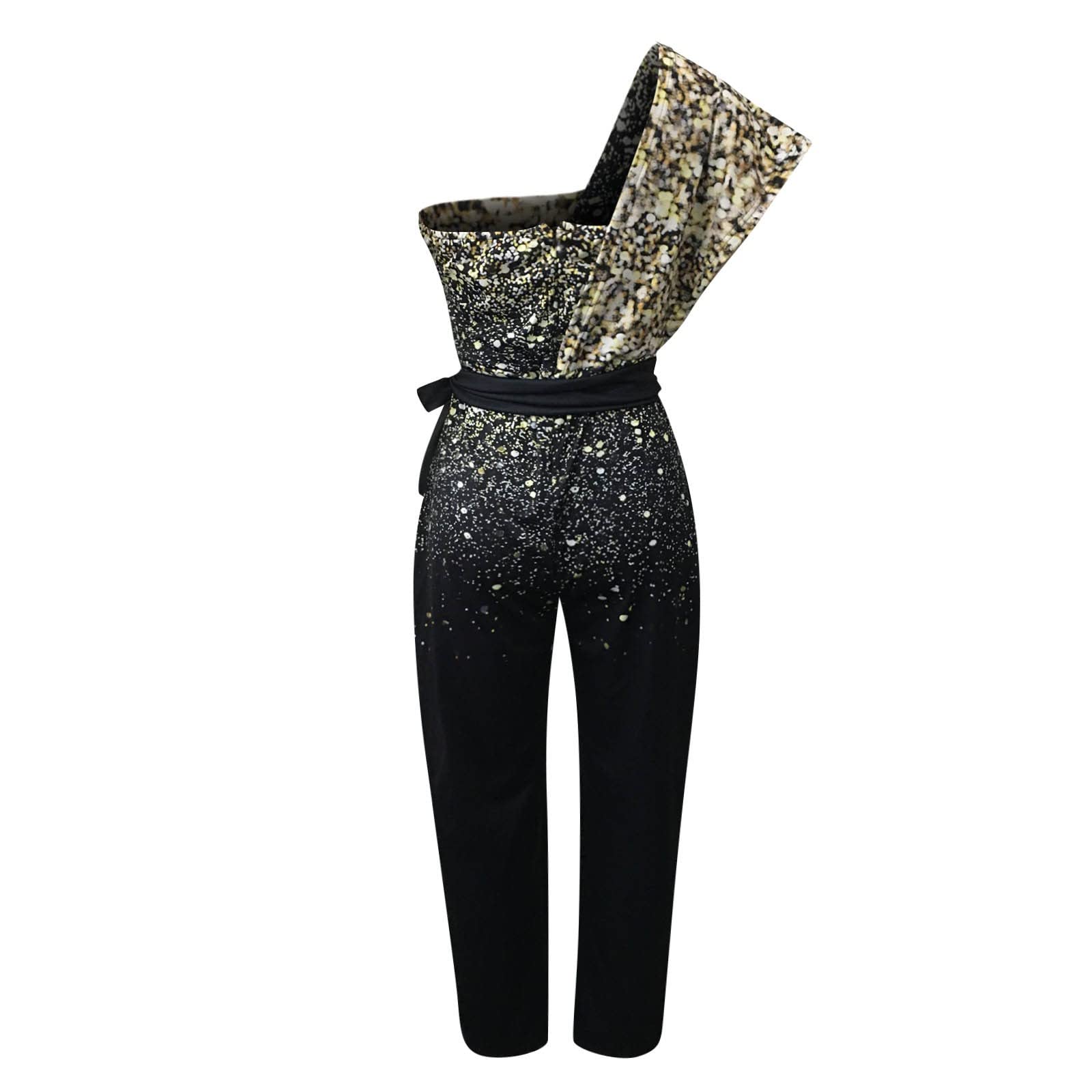 Générique Tailleur Femme pour Mariage Combinaison pour Soirée Chic Tailleur Mariage Elegant Une Épaule Dos Nu Ensemble Large Jambe Longue Pantalon Et Haut Fluide Barboteuse avec Ceinture