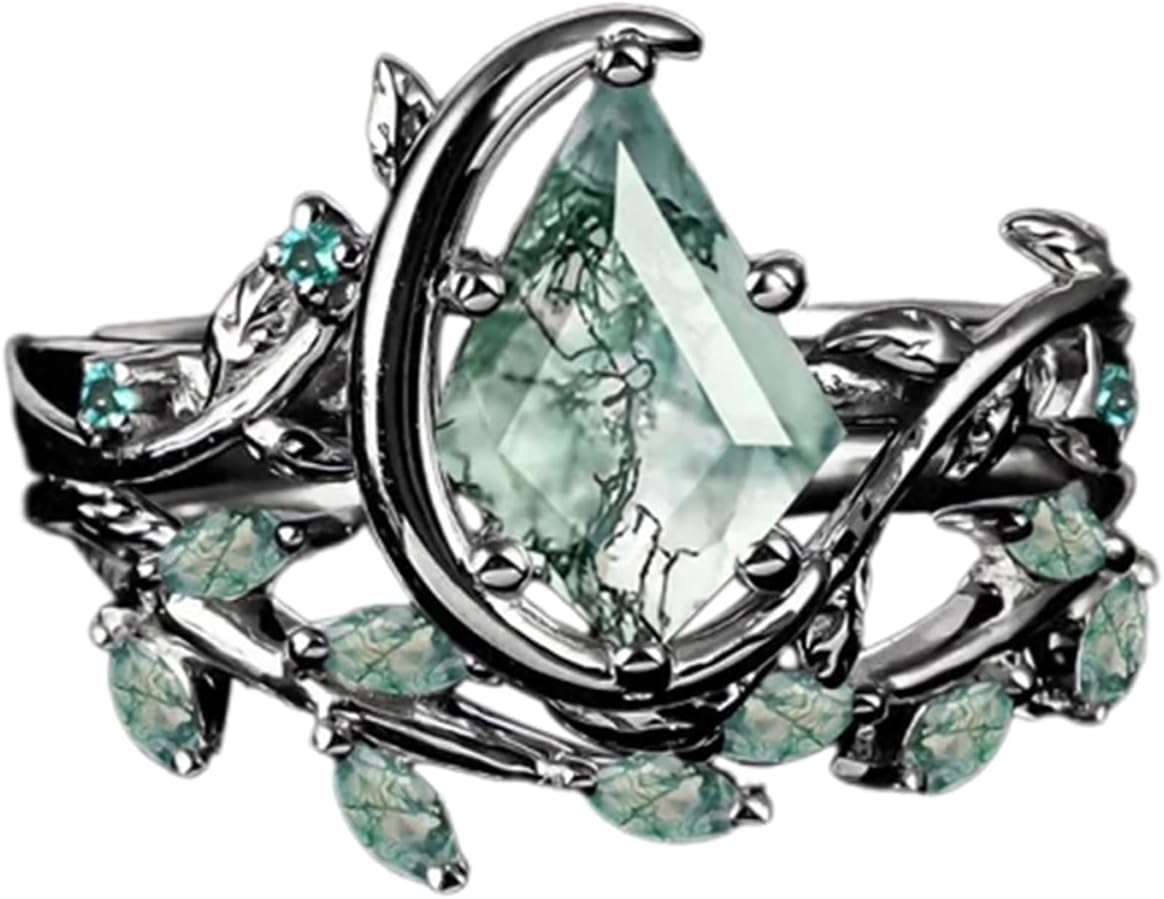 Natural Moss Agate Ring 925 Sterling Silver Moss Agate Engagement Ring Set Promise Wedding Ring Jewelry Gift for Women