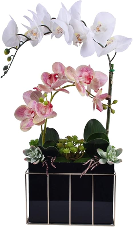 Amazon 造花花束 装飾のための蘭の花 ガラスの花瓶フェイクオーキッド植物でエレガントな胡蝶蘭盆栽の葉とホーム オフィス サロンのためのシミュレーション人工植物 人工花 造花 オンライン通販