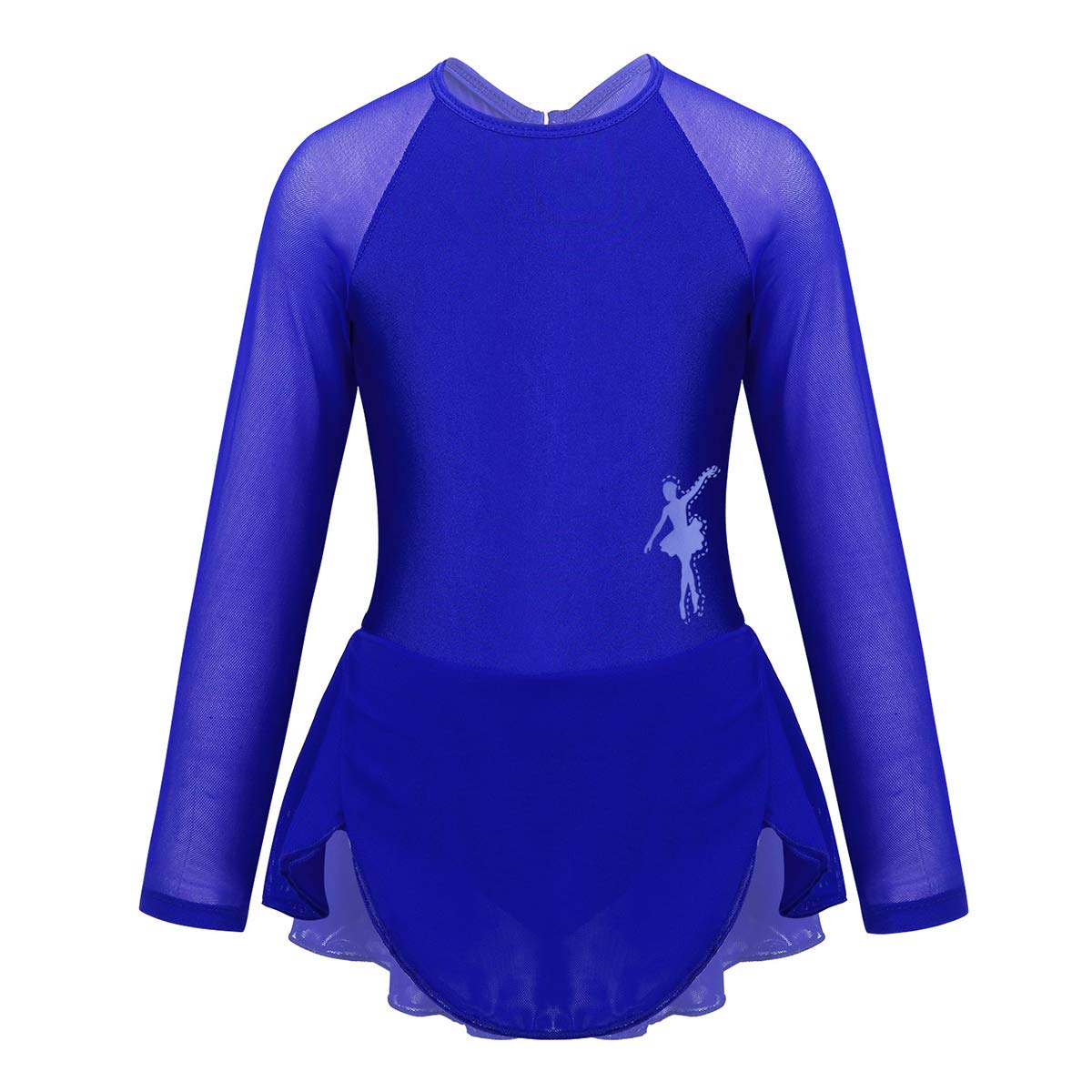 iiniimGirls Long Sleeves Mesh Splice Cutouts Back Figure Skating Roller Skating Gymnastic Ballet Dancewear Tutu Dress