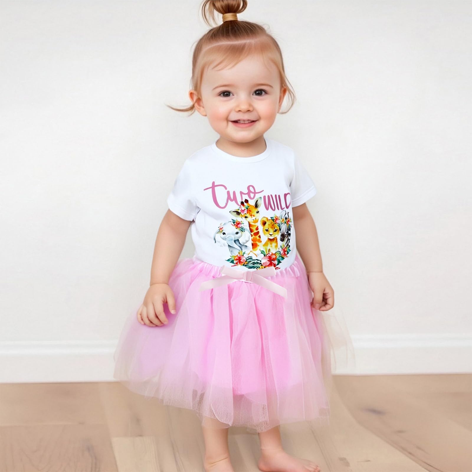Baby Girl Second Birthday Outfit Safari Two Wild Print Short Sleeve T-shirts Tulle Skirt Toddler 2nd Birthday Clothes (Pink, 2-3T)