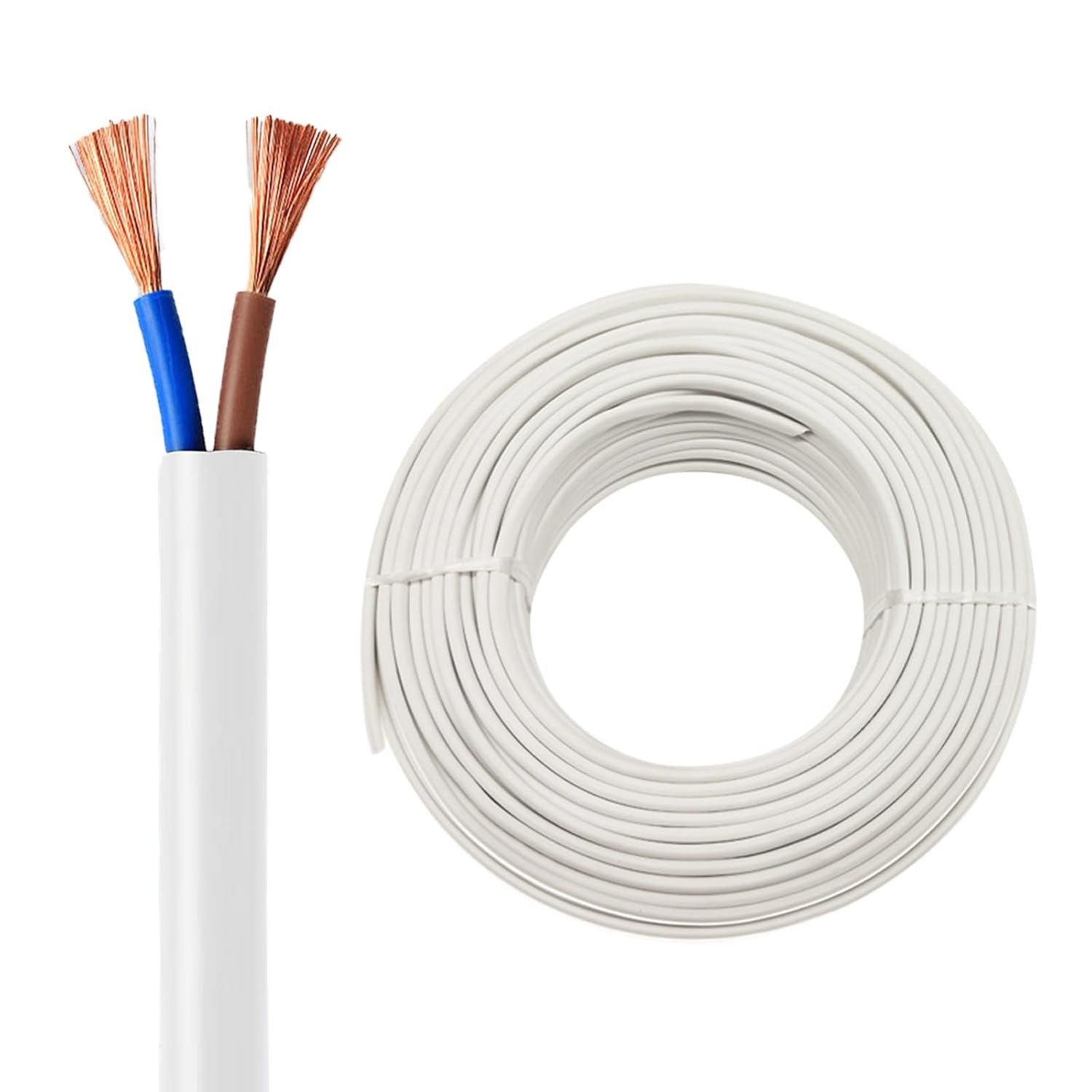 2mm² Pure Copper Flat Twin Core Electrical Wire 30~130FT Flexible PVC Waterproof Flame Retardant Cable for Indoor and Outdoor DIY Hookup Wire(30FT(10M),White-2mm²-2C)