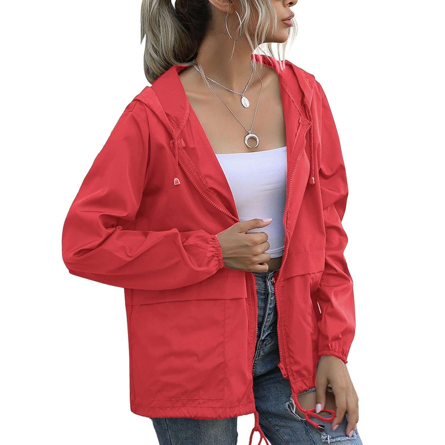PESION Women's Waterproof Raincoat Lightweight Rain Jacket Hooded Windbreaker with Pocket for Outdoor