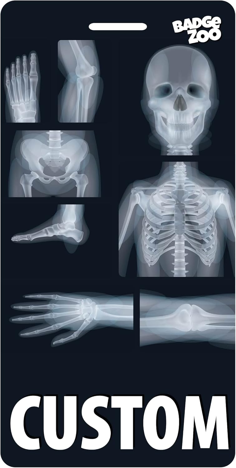 Personalized Vertical Double-Sided Radiology Marker Holder with X-RAY Skeleton Scans - Waterproof PVC -2 ⅛" x 4 ½" - 50 Pack